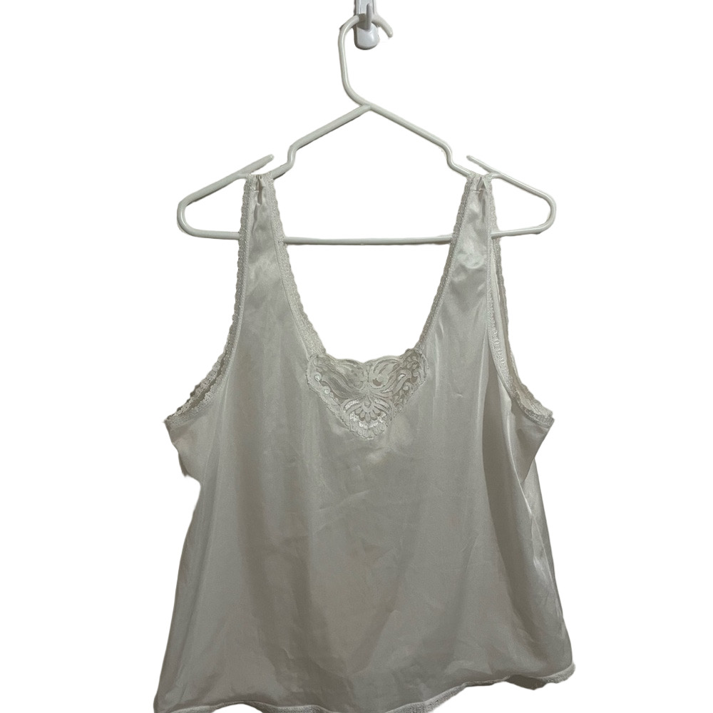Vintage Petticoat Function White Lace Trim Camisole Tank Top 100% Nylon Size XL